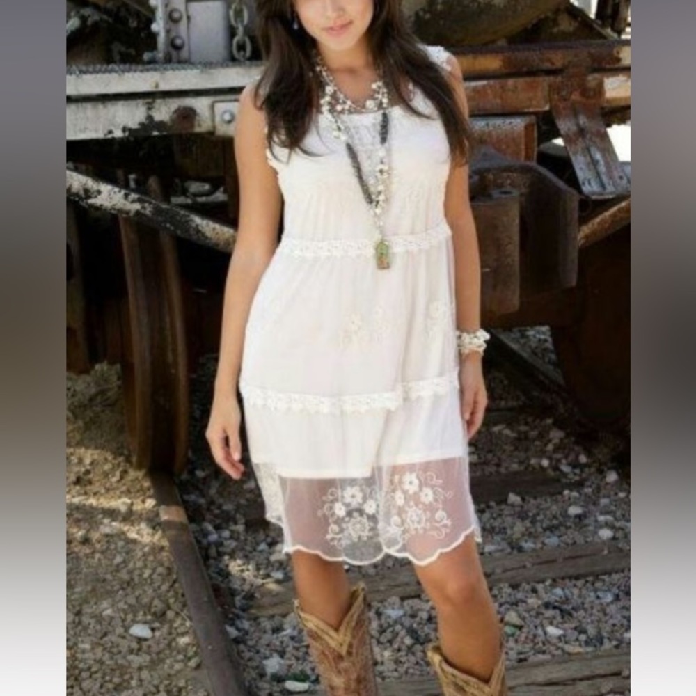 RU Cowgirl Spring Summer Shear Embroidered 2 layer Dress Beach Wedding Rodeo L
